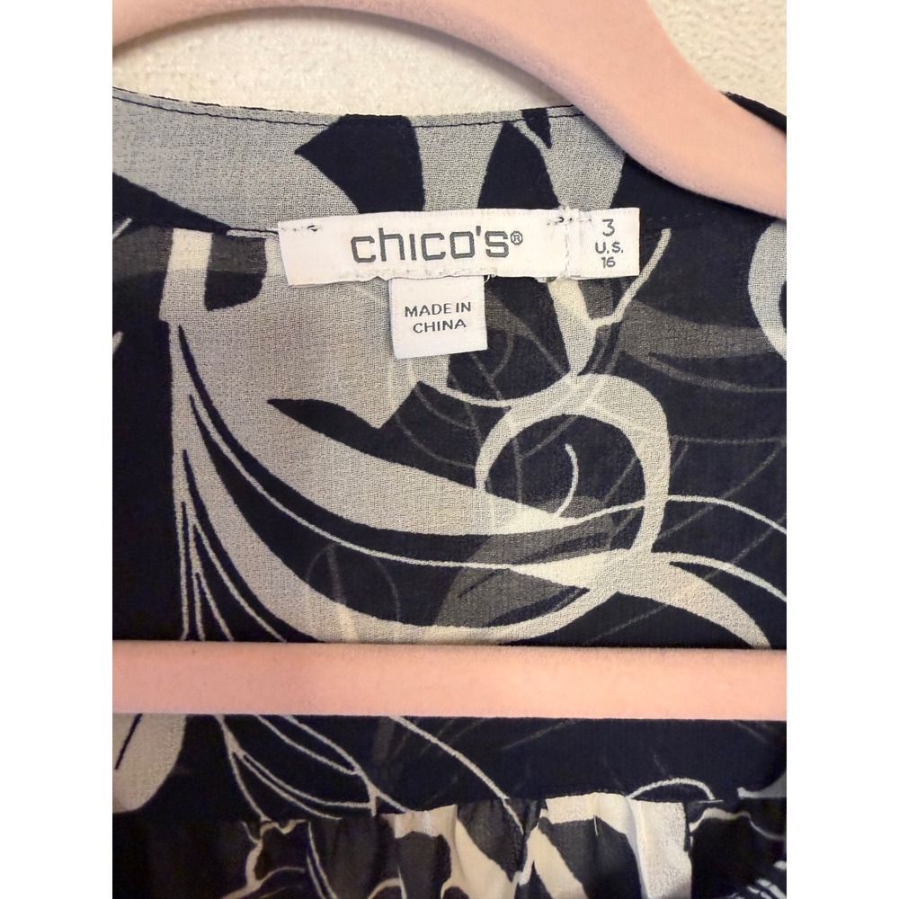 Chicos Navy White Floral Print Sheer Button Front Long Sleeve Blouse Top Size 16 - Picture 4 of 7